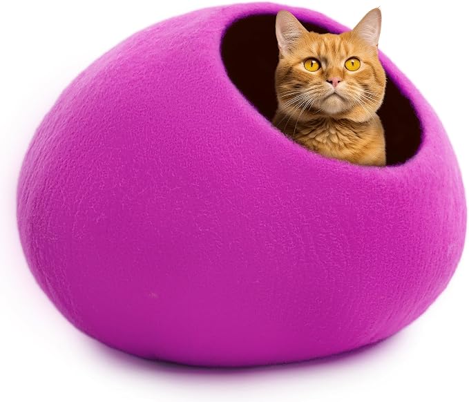 Luxurious Merino Wool Cat Cave - Foldable Hideaway Pod for Indoor Cats - Premium Felt Kitten Pet Enclosure - Covered Cat House for Ultimate Cozy Comfort by Woolygon (Purple Plain)