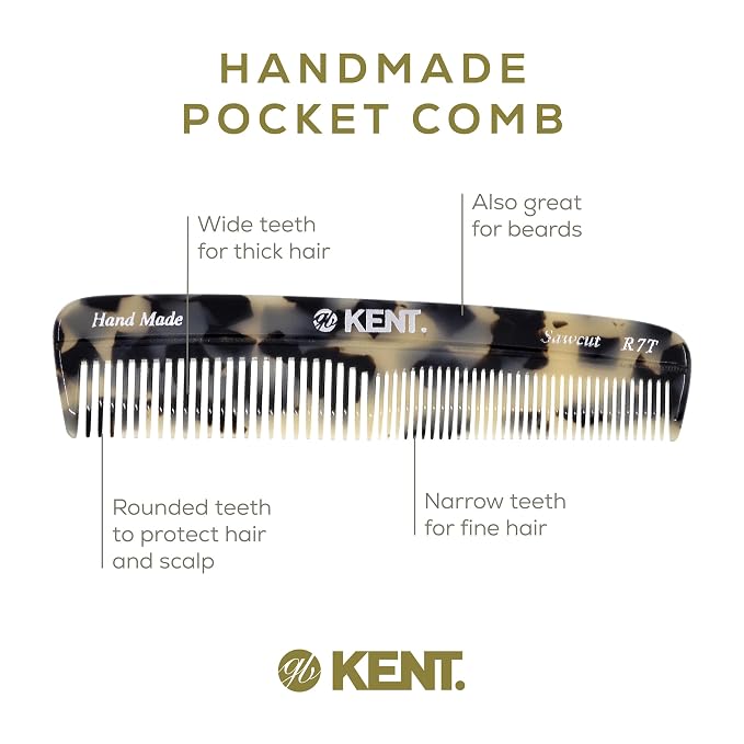 Kent R7T TW Fine and Wide Tooth Hair Comb, Handmade Pocket Comb for Men, Beard and Mustache Combs for Everyday Grooming and Styling, Sawcut Kent Combs, Made in England