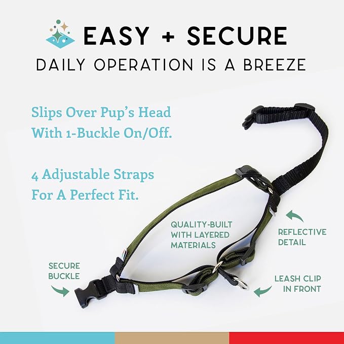No Pull Dog Harness | Comfortable Training Harnesses | Effective No Pull Harness Design | Ideal for Small Dog and Puppy | 4-Point Adjustable (S - 18~24 inch Girth, Olive)