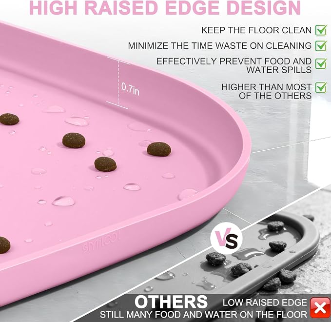 SMILOOL Waterproof Silicone Pet Food Mat with Raised Edge for Dog & Cat | 12" x 12" Non-Slip Small Pet Feeding Mats with Lip for Food & Water Bowl, Food Grade, Easy Cleaning, Pink