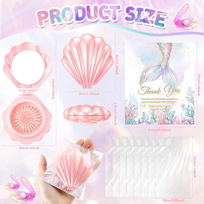 LemonRoad 24 Sets Mermaid Party Favors Shell Hair Brush with Mirror Card, Foldable Mini Travel Compact Hair Brush for Women Birthday, Bachelorette, Under The Sea, Beach Party Gifts(Pink)
