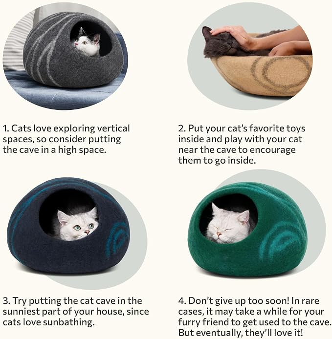 Cat Cave – Premium Felt Cat Bed Enclosure for Indoor Cats, Handmade Merino Wool (Emerald, Medium)