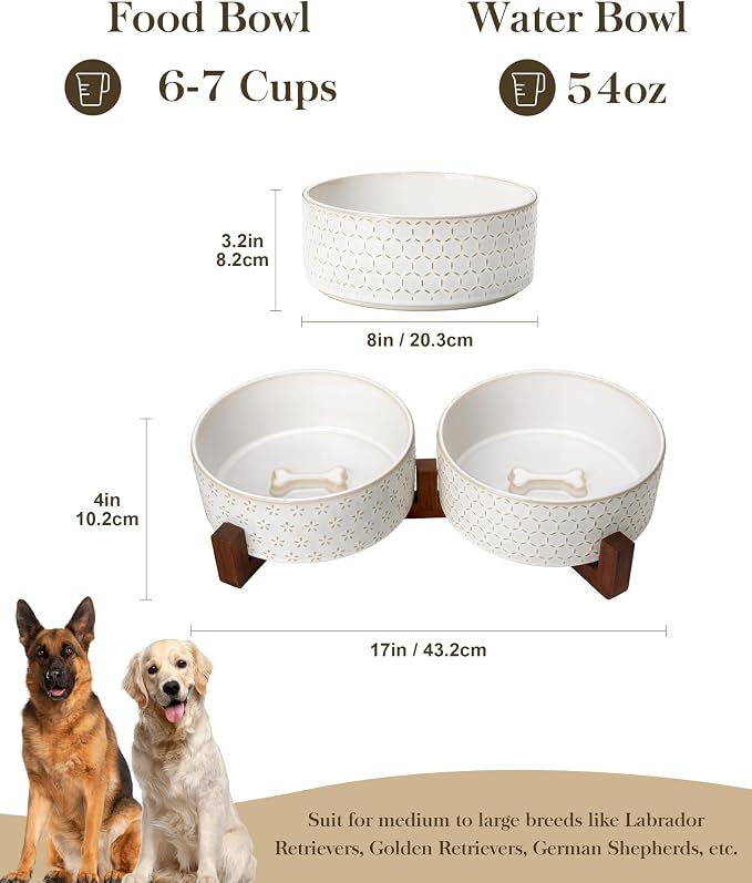 MALACASA Dog Bowl Set, Ceramic Bowls with Walnut Wood Stand, 6 Cups | Five-Leaf Grass and Honeycomb Design, Non-Slip Base, for Dogs, About 26% Heavier than Similar Ceramic Bowls