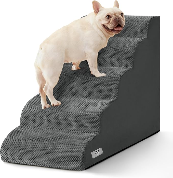 Dog Stairs for High Beds 22.4" H,5-Step Pet Ramp for Small & Medium Dogs | Airpanda Dog Steps with Washable Cover & High-Density Foam,Gentle Curved Design,Ideal for Senior & Short-Legged Dogs,Grey