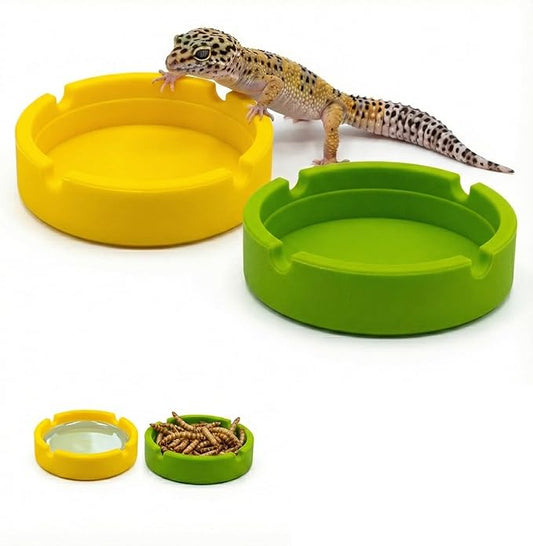 2-Pack Silicone Reptile Food and Water Bowl, Crested Gecko Tank Accessories, Eudimysx Soft Unbreakable Dish for Leopard Gecko & Hermit Crab, Shallow Low Profile & Easy to Clean (Yellow & Green)