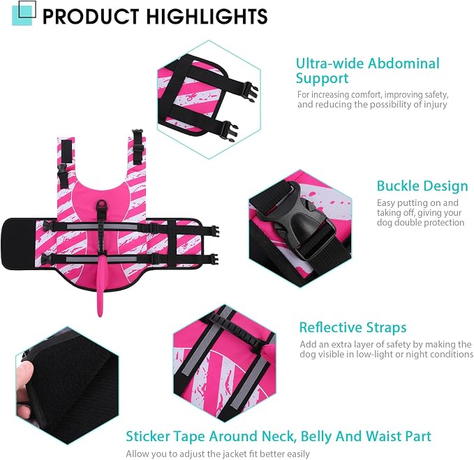 Dog Life Jacket High Flotation, Reflective Dog Life Vest for Swimming, Adjustable Dogs Life Preserver Rescue Handle Spring Summer Pool for Small, Medium, Large Dogs (Pinkwhite,XL)