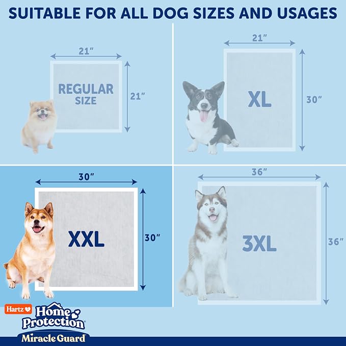 Hartz Miracle Guard Dog and Puppy Dog Pads Max Absorbency 24 Hour Use Odor Eliminating No Leaks, 2XL Size 20 Count