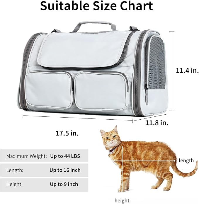 FUKUMARU Cat Carrier, Airline Approved Dog Carrier with Rollable Cover | Breathable Soft Cat Carrier, Multiple Doors & 4 Storage Pockets Cat Travel Bag, Durable Pet Carrier for Cat Under 15 lb, Grey