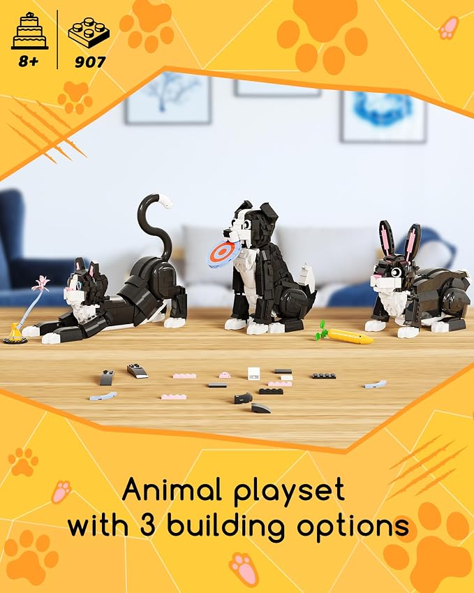 3-in-1 Tuxedo Cat Building Set, Build a Cat, Dog or Rabbit | Build & Rebuild 3 Cute Animal Designs from One Set, Building Toy for Cat Lovers and Animal Fans, Birthday Gift Ages 8+