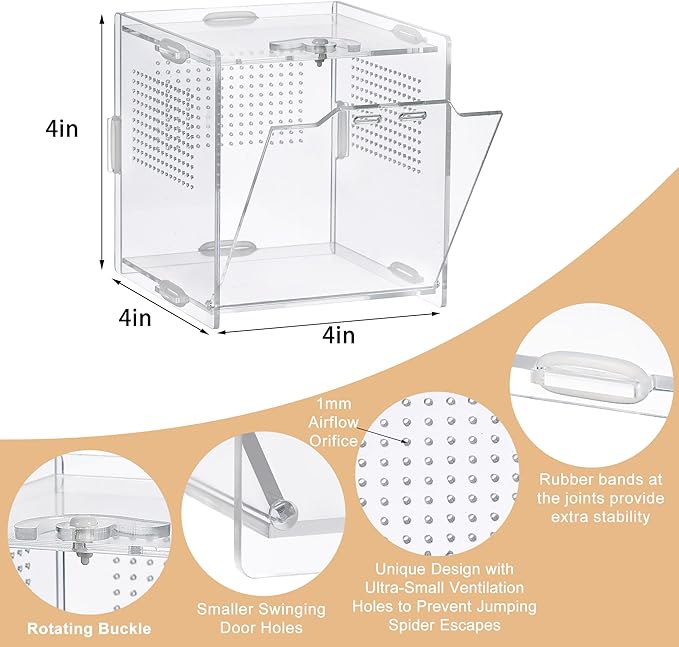 VERTUPET Jumping Spider Enclosure,2 Pack Insects Habitat,Small Arboreal Reptile Terrarium Acrylic Accessories Kit,Tarantula Enclosure Bug Cage for Frog,Crickets, Praying Mantis,Snails（4x4x4inch）