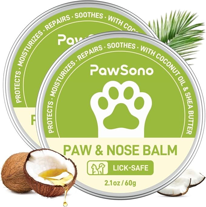 PawSono Lick-Safe Dog Paw & Nose Balm with Coconut Oil | All-Natural Moisturizer & Soother for Dry, Cracked Pads & Snout | Heat & Cold Pavement Protection Wax, Nose Butter for Bulldogs (2.1oz *2)