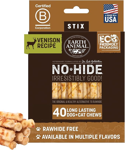 Earth Animal No Hide Stix - Rawhide Free Dog Chews Sticks 40 Count Venison | Small Sticks Venison Flavored Natural Rawhide Free Long Lasting Dog Chews - Pet Treats for Small Dogs and Cats