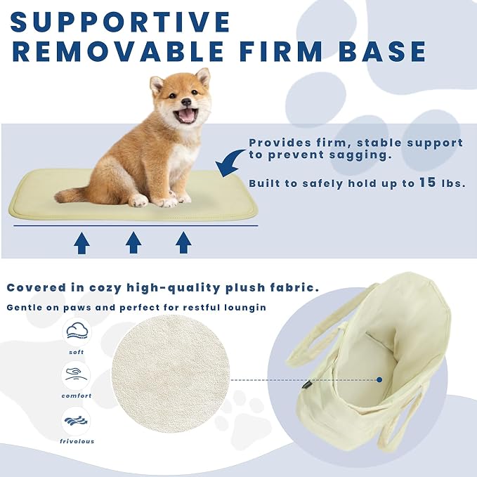 Lightweight Puffy Dog Purse Carrier for Small Dogs, Beige | Quilted Pet Carrier Tote with Safety Leash Clip, Storage Pockets and Removable Base, for Pets Up to 15 lbs, Beige