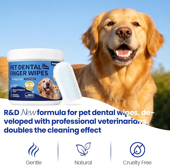 Dog & Cat Tooth Brushing kit - 60Ct Dog Toothbrush & Toothpaste Alternatives, Dental Care Wipes, Heavy Duty Teeth Cleaning, Remove Tartar & Plaque, Breath Freshener (Coconut)