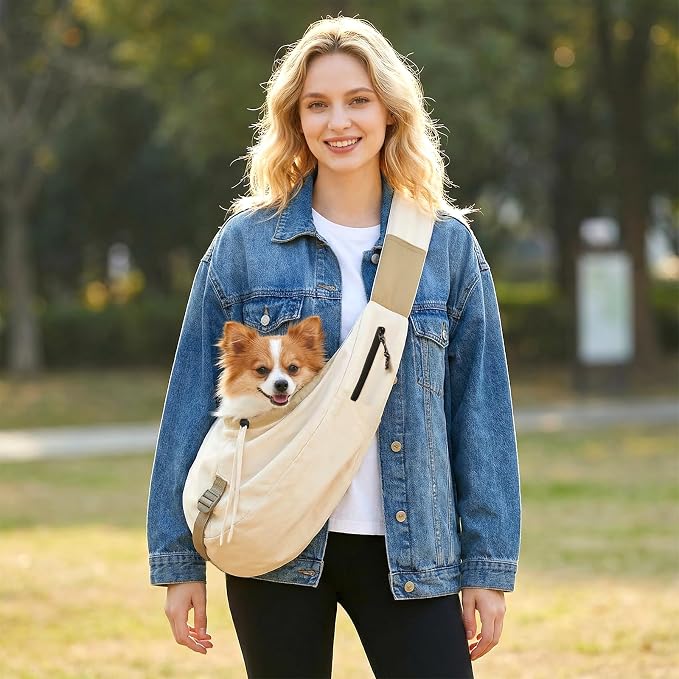 Dog Carrier Sling for Small Dogs/Cats Up to 15 lbs - Multi-Pocket Oxford Pet Sling Carrier Bag with Adjustable Strap (Beige)