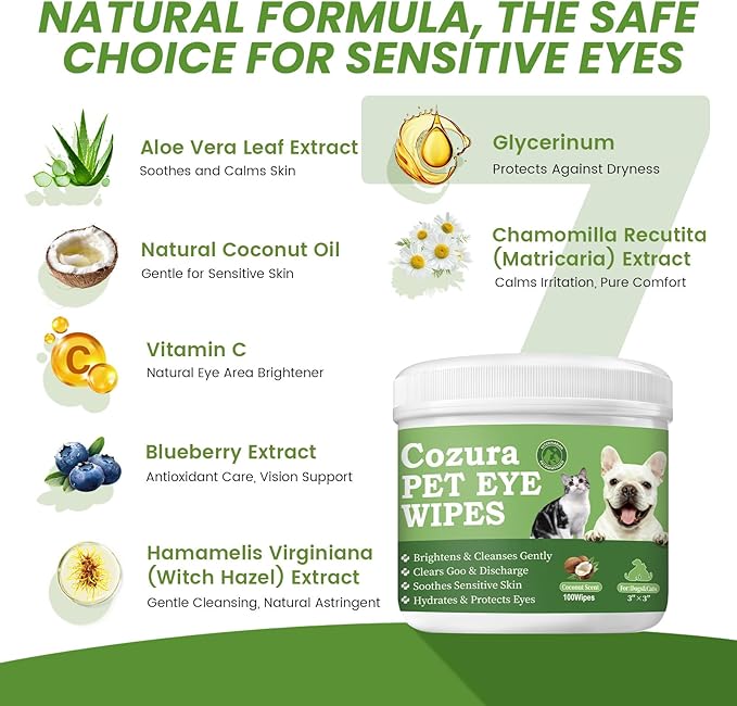 Dog Eye Wipes Tear Stain Remover for Dogs & Cats, Gentle Pet Eye Cleaner Pads to Remove Discharge, Crust & Boogers, Natural Grooming Supplies for Puppy, Kitten - 100ct, Coconut Scent