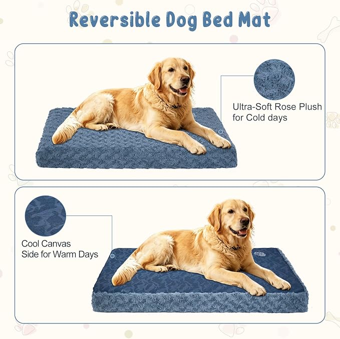 EMPSIGN Dog Bed Mat Crate Pad Mattress, Ultra Soft Pet Kennel, Navy, XL | Reversible(Cool & Warm), Waterproof Linings, Removable Machine Washable Cover, for 42" Dog Crate, Soft Rose Plush/Canvas