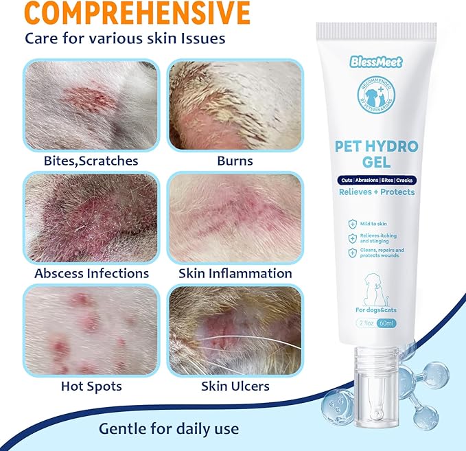Pet Dog Wound Care Hydro Gel&Dog Hot Spot Gel -Cat Healing Aid for Wounds,Helps with Cuts,Bites,Ulcers & Burns,Relieves Skin Allergies& Itchy Skin,Dog First Aid Kits. Safe if Licked.2 Ounces.