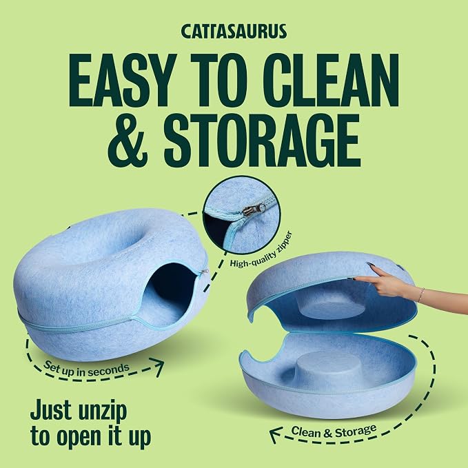 Peekaboo Cat Cave Donut for Multiple & Large Cats up to 30-45 lbs, 3-in-1 Self Warming Cat Bed, Tunnel & Scratcher for Indoor Cats, Washable & Detachable Small Dog Bed (Blue, Large)