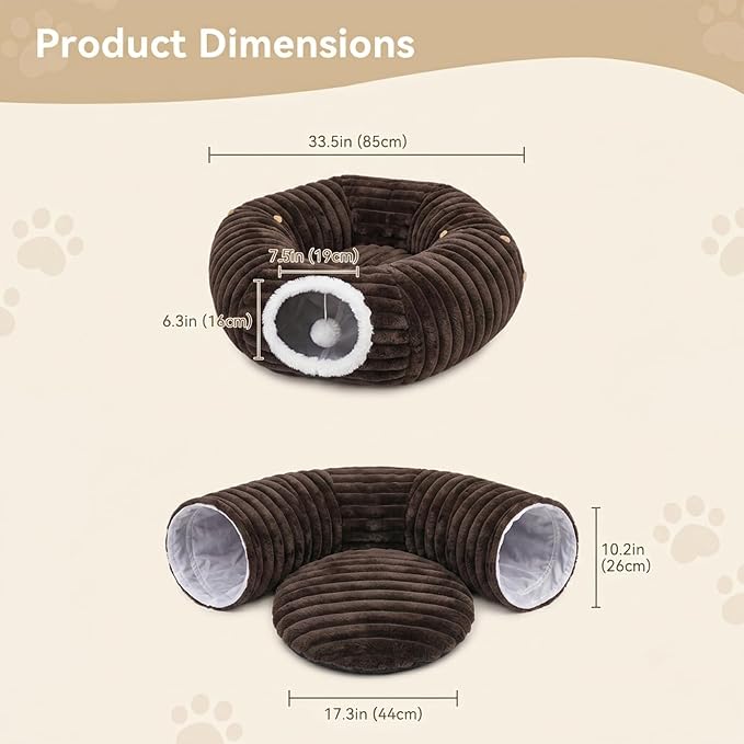Dogpals Cat Tunnel Bed Cave 33" Lx10 Wx10 H for Indoor Cats (Coffee) | Washable Cozy Cushion, Soft Striped Plush Fabric, Hideaway Peekaboo Cave for Kittens, Puppies, Rabbits & Small Pets