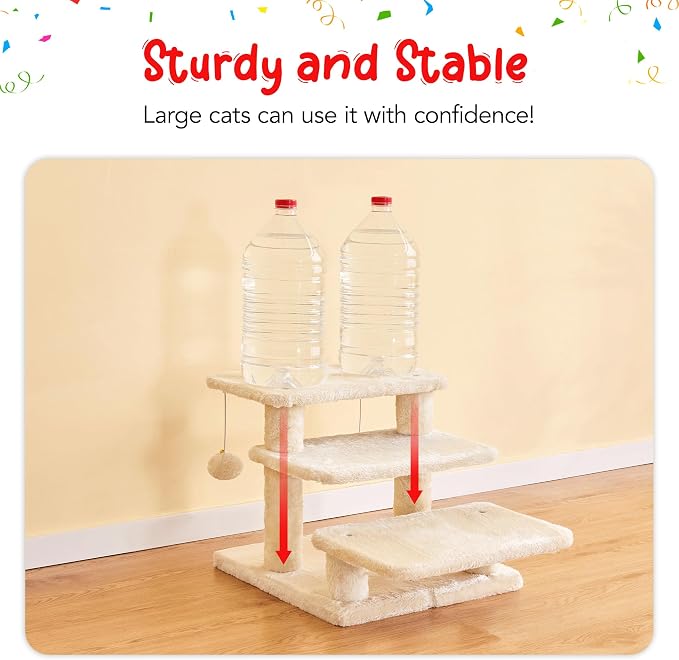 15''H Multi-Step Pet Stairs for High Beds & Sofas, 3-Step Cat Stairs with 2 Toy Balls, Wide Boards for Indoor Kittens Dogs Pets Climbing, Beige