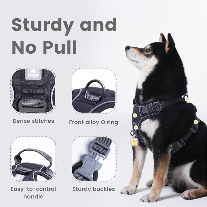 Pawaii No Pull Dog Harness with Pet ID Tag, Reflective Vest | Built for safer walks with a QR Pet ID Tag, ront no pull clip, reflective trim,control handle and breathable mesh lining