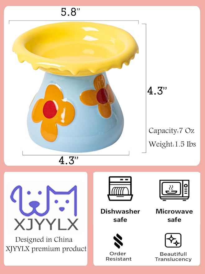 Mushroom Elevated Cat Bowls Ceramic, Cute Cat Bowls Whisker Fatigue | Raised Cat Bowl for Indoor Cats, Raised Dog Bowls Stand for Food and Water, Yellow 5.8" Wide for Adult Cats