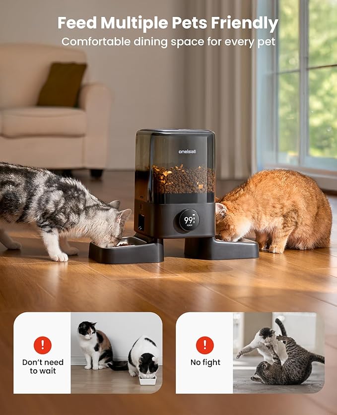oneisall コードレスWiFi自動給餌器（2匹用）、充電式100日間稼働、20カップ/5L 大粒フード対応、スマートアプリ制御