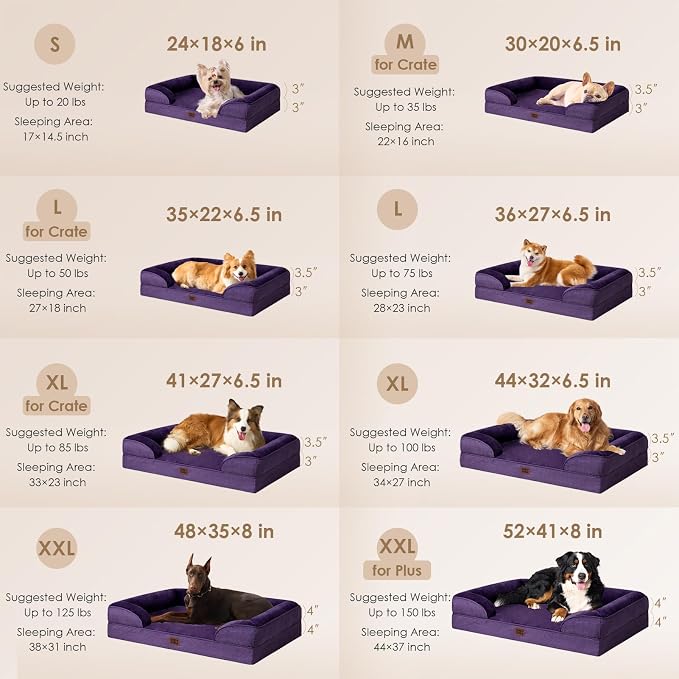 EHEYCIGA Orthopedic Dog Beds Large Sized Dog, Waterproof Washable Pet Bed | Non-Slip Bottom and Egg-Crate Memory Foam XL Dog Couch Bed with Washable Removable Cover, Purple, 41Inch