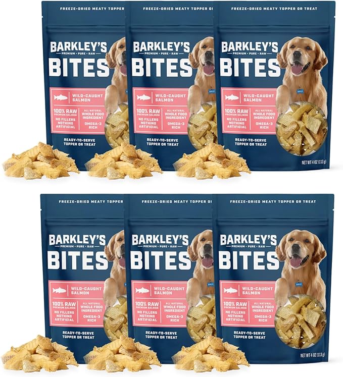 Barkley’s Bag Salmon Bites, Freeze Dried Dog Treats and Food Topper, Made with Wild-Caught Salmon, Bite-Sized Whole Pieces for Training Rewards, for All Dog Breeds, Ages & Sizes, 4 Oz Bag (6 Pack)