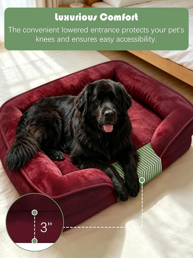 Spotted Play Orthopedic Dog Bed with Sides - Sofa Beds for Extra Large Dogs, Supportive Foam Pet Couch Bed with Washable Removable Cover, Waterproof Lining and Non-Slip Bottom, Burgundy - XXL