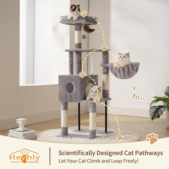 Heybly Cat Tree, 49.2 Inches Cat Tower for Indoor Cats, Spacious Cat House Condo with Hidden Space，Sturdy Steel Tube，Soft Plush Top Perch，Cozy Hammock and Sisal Scratching Posts, Light Gray HCT200SW