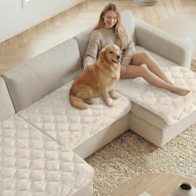 H.VERSAILTEX Chenille Couch Cover for Dogs Washable Soft Fuzzy Chair Covers for Living Room Sectional Sofa Cover Thick Pet Couch Cover Protector Non-Slip Dog Bed Cover(Ivory, 28" x 34")