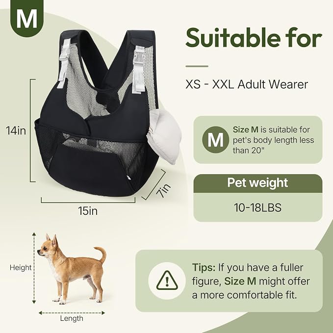 Dog Sling Carrier for Small Dogs with Thicken Bottom Support 10-18 lbs | Adjustable, Hands Free, Breathable Mesh, Comfortable, Lightweight, Vet Visits, Anxiety, Travel, Hiking, Safety Clip, Black