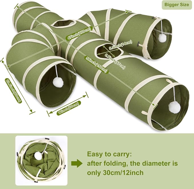 Ownpets Cactus Cat Tunnel 12" with Peek Holes for Indoor Large Cat, Green | Durable Oxford fabric, noise-free, foldable & connectable, multi-cat friendly, tube for cats up to 20lb, includes ball & wand