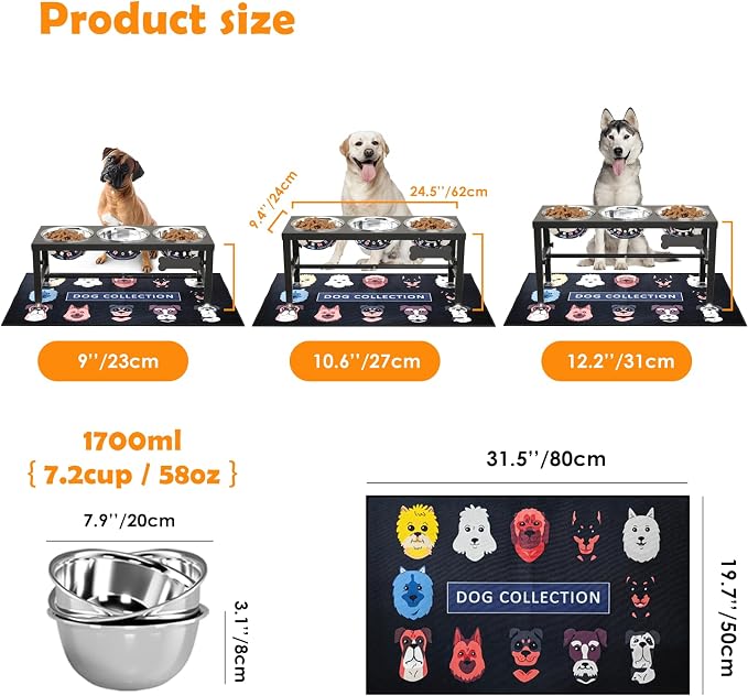 3-in-1 Elevated Dog Feeder with 3 Stainless Steel Bowls, Heavy Iron Stand, Custom Name Plate, Non-Slip Mat - Easy Clean for Multiple Dogs