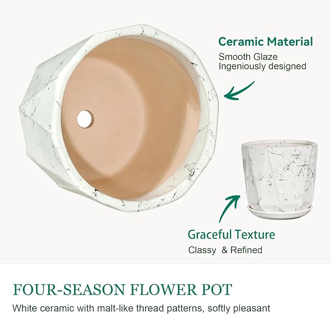 10 Inch Ceramic Plant Pot with Drainage Hole Mesh Net, Large Flower Pots for Indoor Plants with Saucer, Gardening Pots Outdoor (White Silk)