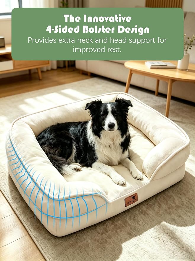 Spotted Play Orthopedic Dog Bed with Sides - Sofa Beds for Large Dogs, Supportive Foam Pet Couch Bed with Washable Removable Cover, Waterproof Lining and Non-Slip Bottom, Ivory - L