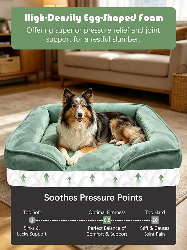 Spotted Play Orthopedic Dog Bed with Sides - Sofa Beds for Large Dogs, Supportive Foam Pet Couch Bed with Washable Removable Cover, Waterproof Lining and Non-Slip Bottom, Green - L-Plus