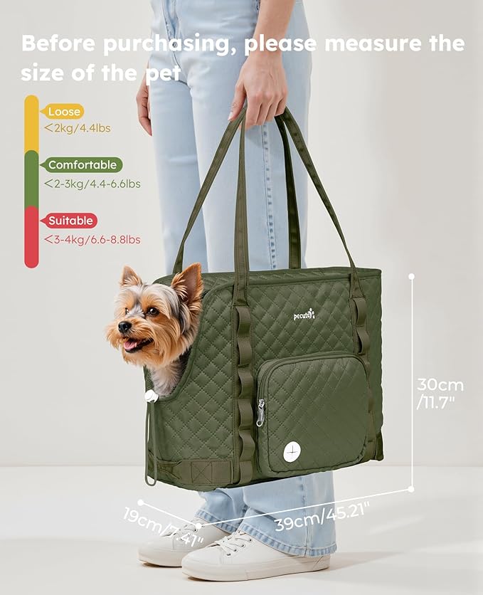Pecute Dog Purse Carrier, Dog Carrier with Pockets for Small Dogs, Fits Dogs 5 lbs to 9 lbs, Cat and Puppies Tote Bag, Outing, Travel, Vet, Green | Breathable,Foldable,Large Pocket,Built-in safety Rope,Machine washable,Under 9 Lbs