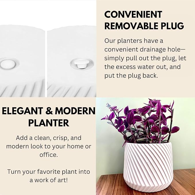Fox & Fern Large Indoor Planter, Modern Large Plant Pot for Indoor or Outdoor, UV and Frost Resistant - 8 Inch, Matte White Flower Pot with Drainage Plug, 3D Printed Design