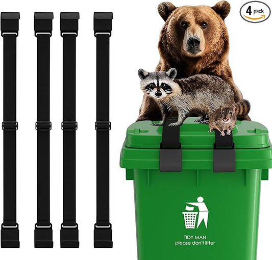4Pcs Raccoon-Proof Trash Can Locks - Metal Double Claw Strap for 28-96 Gallons, Adjustable Anti-Rust Bungee Cord, Universal Outdoor Waste Bin Lid Lock (Black)