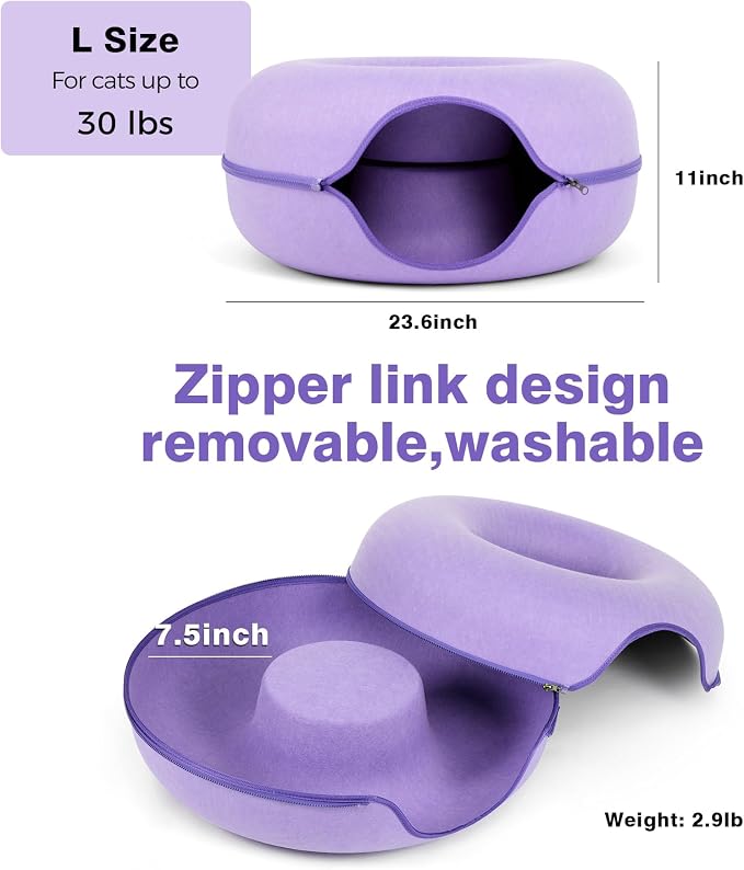 Cat Tunnel Bed for Indoor Cats with 3 Toys, Scratch Resistant Detachable and Washable Large Donut Cat Bed, Available in All Seasons (Purple, L(24x24x11))
