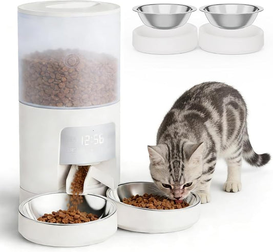 DUMOS 6L Automatic Cat Feeder for 2 Cats, Timed Pet Food Dispenser - White | 2 Stainless Bowls, 10s Voice Call, Dual Power Supply, 6 Meals Per Day, 50 Portions Per Meal, Dual Pet Feeder for Cat and Dog