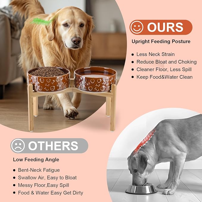 SPUNKYJUNKY Elevated Dog Bowls Ceramic, 8.3'' Dogs Food Water Bowls Raised with Non-Slip Bamboo Stand for Large Sized Breed Microwave Dishwasher Safe - 60 OZ,Skull Bronze
