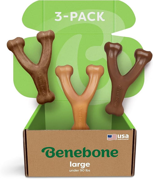 Lot de 3 grands jouets à mâcher durables Benebone Wishbone pour chiens, pour mâcheurs agressifs, saveurs bacon, poulet et beurre de cacahuète, fabriqués aux États-Unis, pack varié