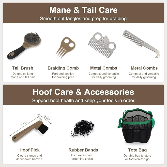 Horse Grooming Kit 14 Pieces, Horse Brushes for Grooming Supplies Set | Includes Curry Comb, Hoof Pick, Gloves & Mane Tools Durable Grooming Set for Bathing, Shedding and Daily Horse Care