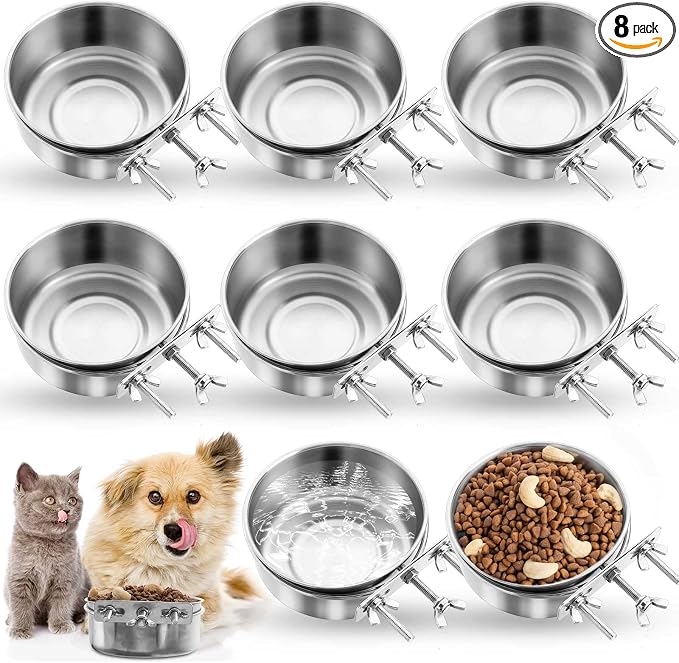 Zubebe 8 Pcs Stainless Steel Hanging Dog Crate Bowls, Non-Spill Kennel Food Water Bowls with Screw Clamp Attach Holders, Removable Mountable Metal Cage Feeder for Pet(19 oz)