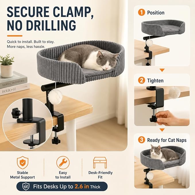 Cat Desk Bed with 3 Mats for All Seasons, 360° Rotating Adjustable | Clamp-On Desk Cat Bed with Reversible Plush Cushion, Sisal Scratch Mat, Cooling Mat & Hanging Ball, Supports 50 lbs, Grey