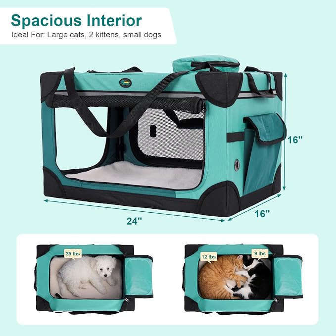 Ownpets Extra Large Cat Carrier for 2 Cats Small Dogs, 24 Inches Collapsible Soft Dog Crate for Car Travel, Portable Pet Carrier with Soft Mat | Foldable, Portable, 4-Doors, 4-Side Mesh Windows, Steel Frame Oxford Cloth, Soft Cushion Mat, Leash, Easy S...